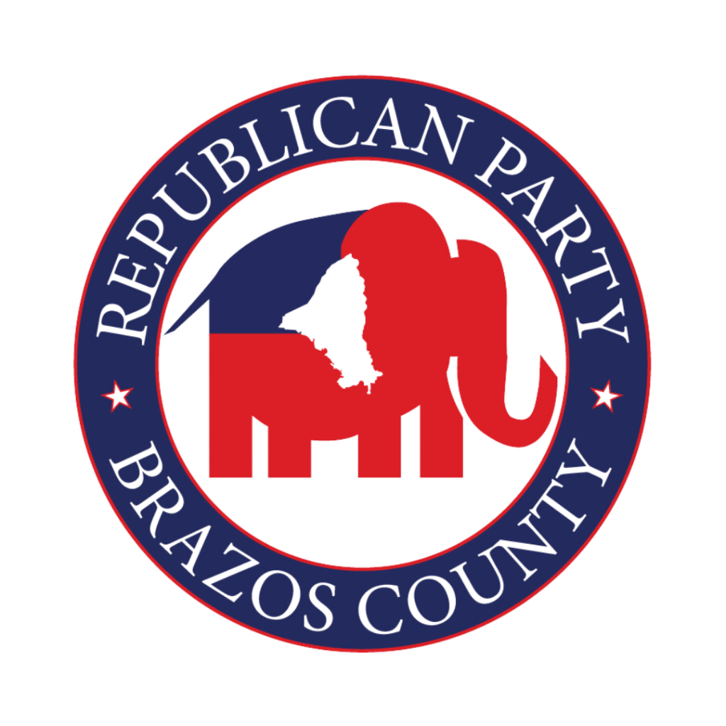 Republican Party of Brazos County logo featuring a red elephant, Texas silhouette, and circular navy-and-red lettering