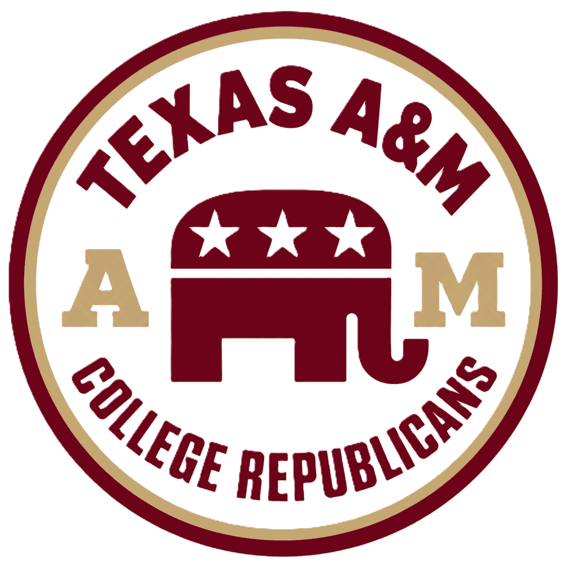 Texas A&M College Republicans logo featuring maroon and gold circular border, three stars, and an elephant emblem
