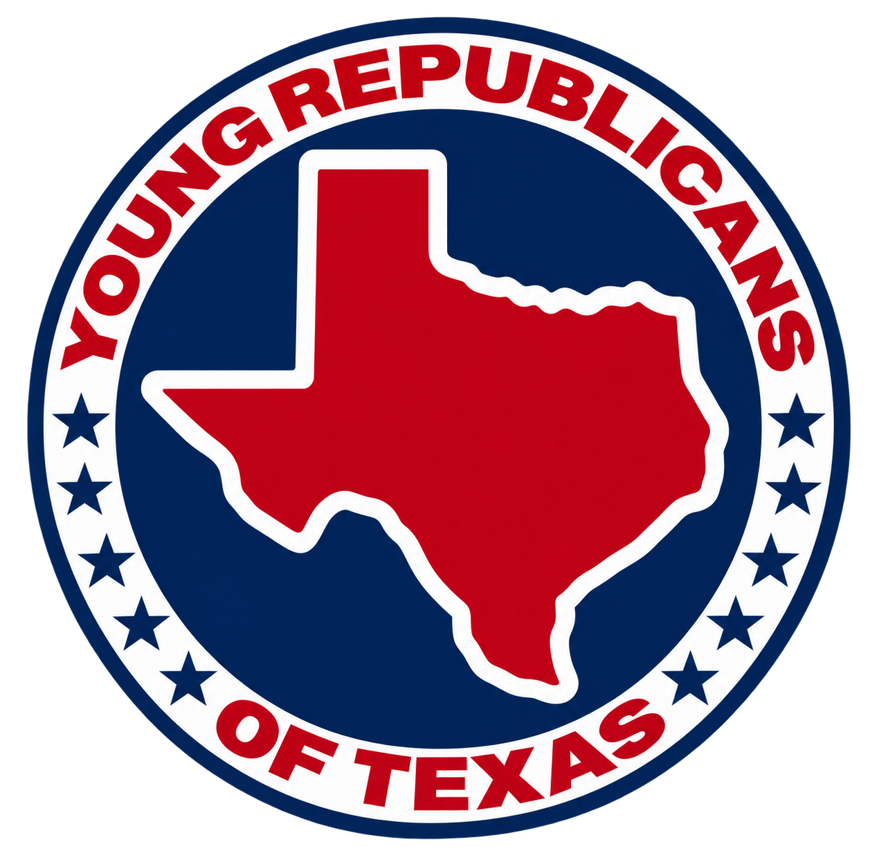 Young Republicans of Texas circular logo featuring a red Texas silhouette, navy blue background, white border, and red lettering with blue stars