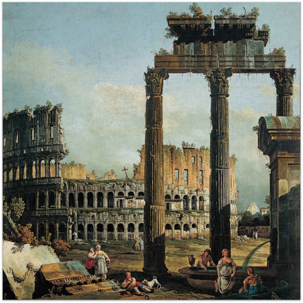 Painting of ancient Roman ruins with tall columns and partially collapsed structures, featuring people in classical attire relaxing and socializing.