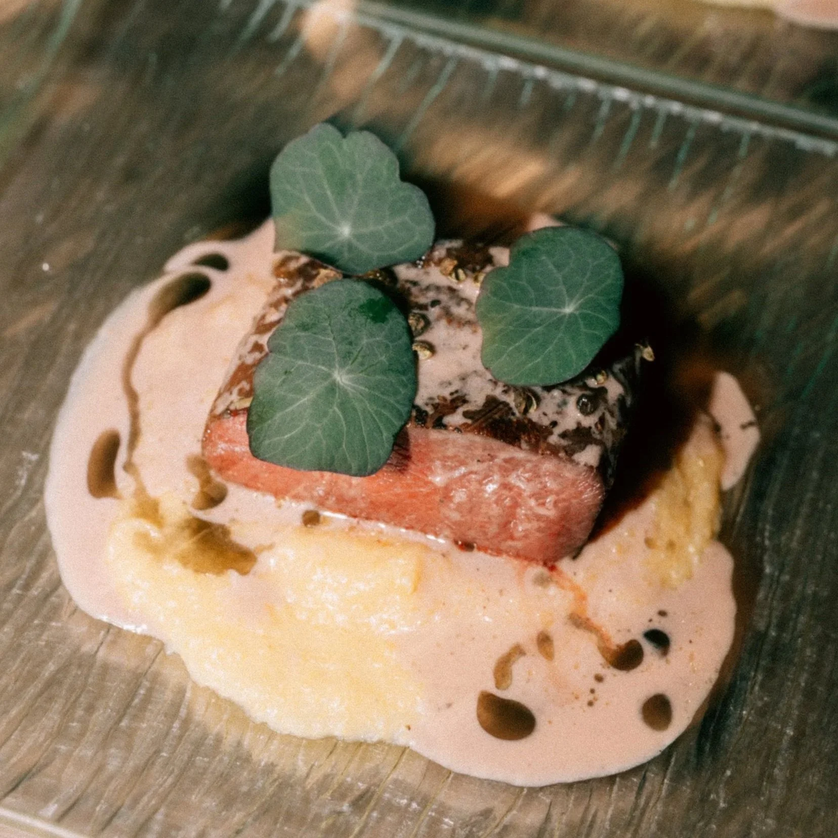 Close-up of a prepared dish with salmon, garnished with leafy greens, served on a sauce with decorative drizzles and sauce droplets around it.
