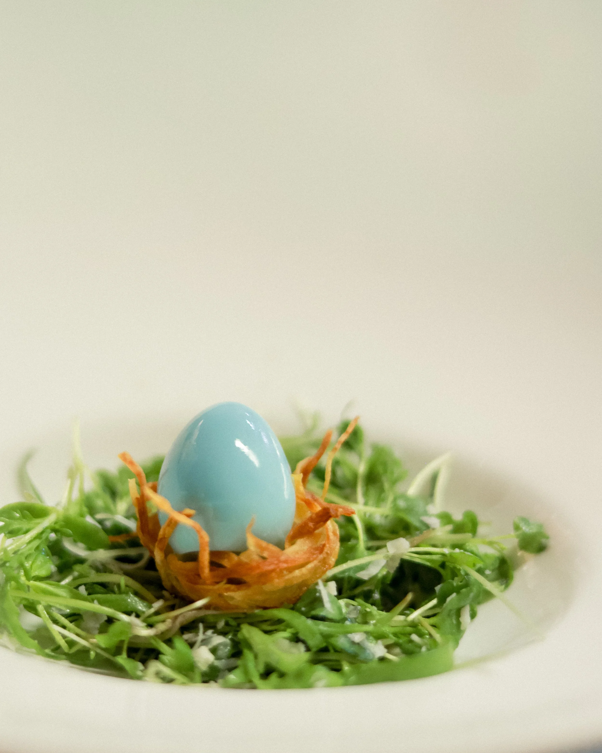 Close-up of a blue egg resting in a nest, surrounded by green lettuce leaves and shredded carrots, on a bed of fresh greens.