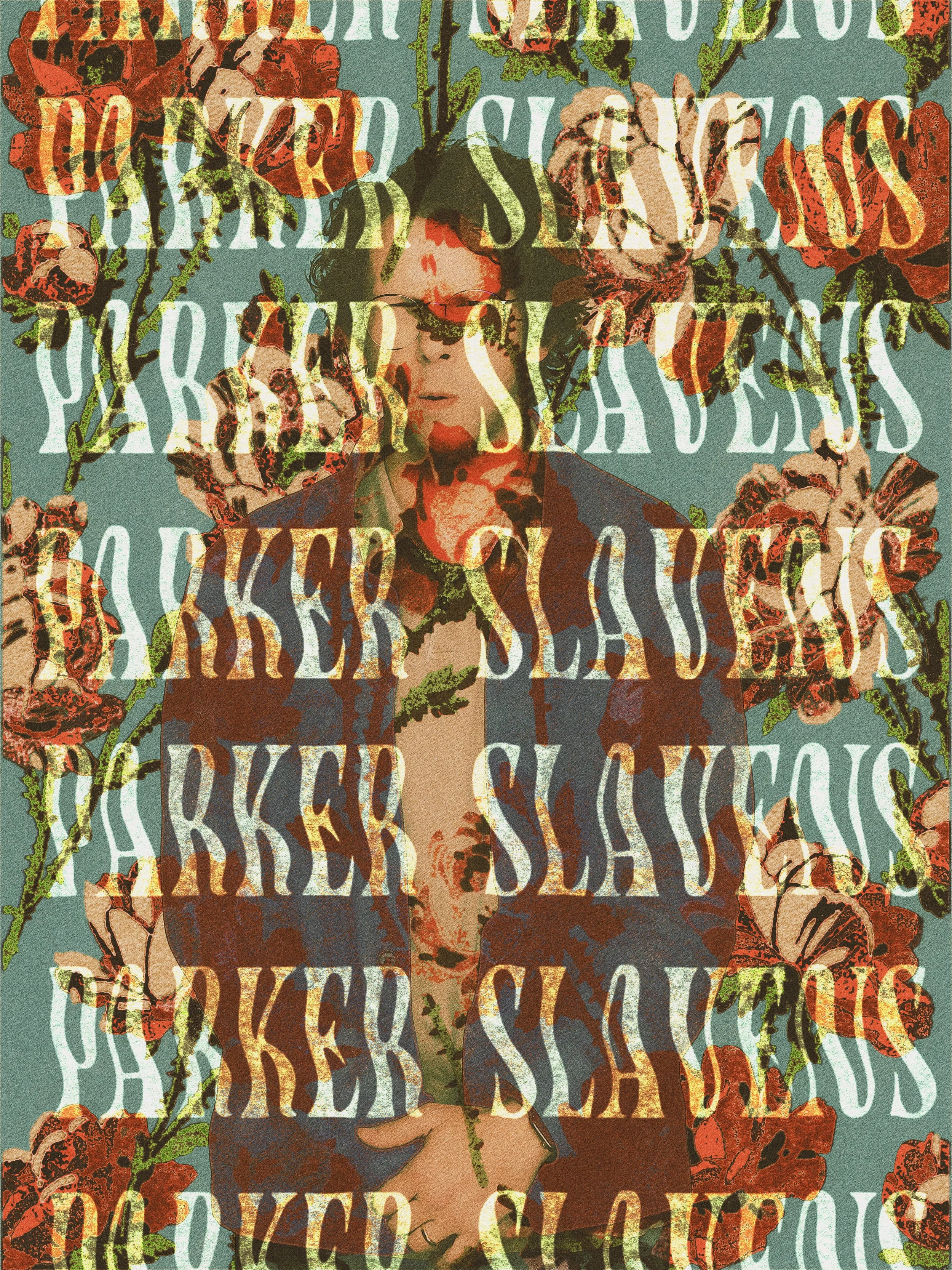 Illustration of a young woman with glasses, holding a pen and surrounded by red roses with green leaves. Overlaid with translucent white and orange text in various fonts.