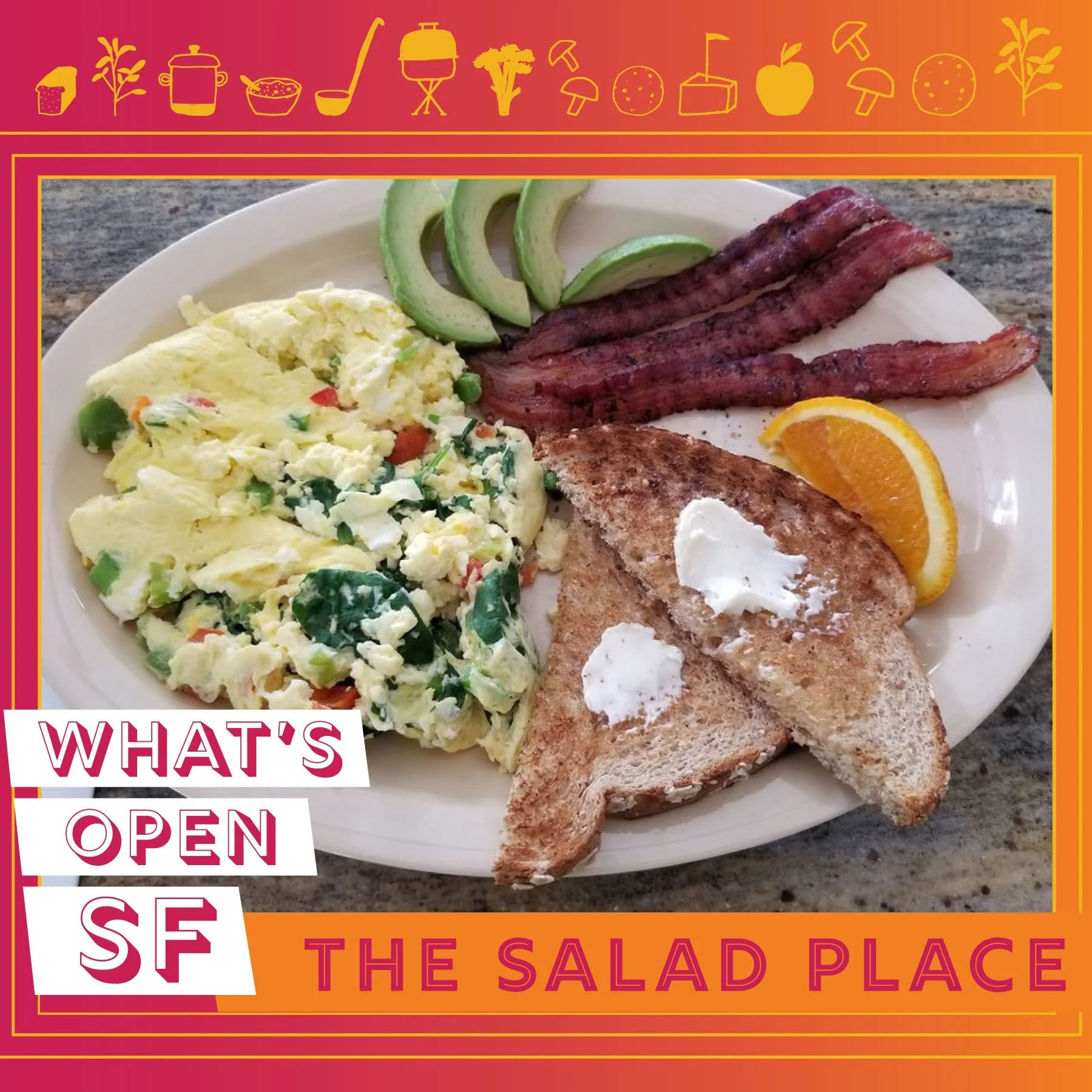 Plate of breakfast food including scrambled eggs with vegetables, avocado slices, bacon strips, toast with butter, and orange slice.