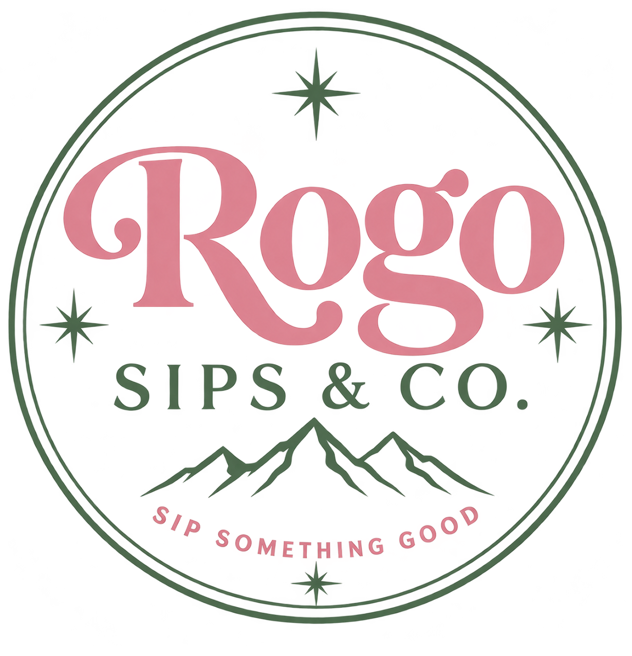 Neon sign for Rogo Sips & Co., featuring a mountain range and stars, with the slogan 'Sip Something Good' at the bottom.