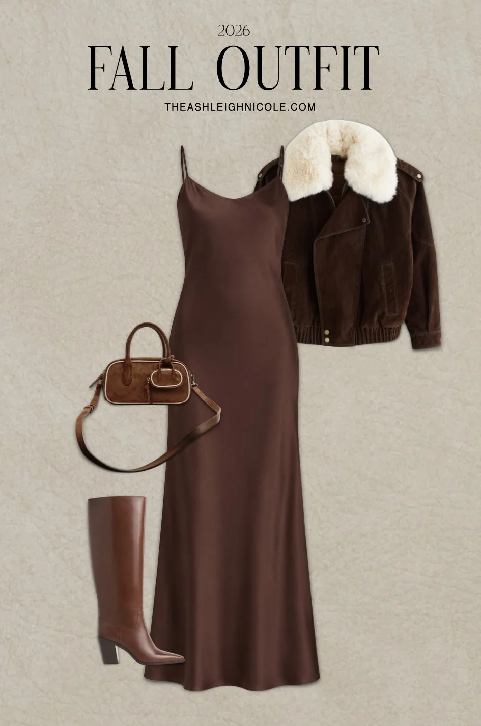 Casual fall outfit wearing a maxi brown slip dress.