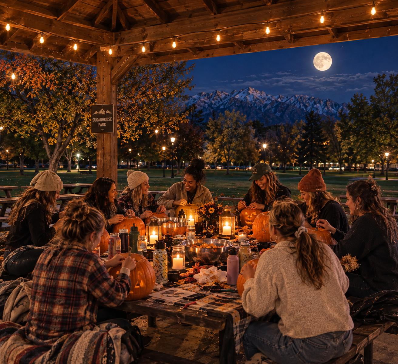 Group of women gathered around a table carving pumpkins during a Halloween celebration at Sugarhouse Park at night, under a bright full moon, with mountains in the background, festive lights, and autumn trees.