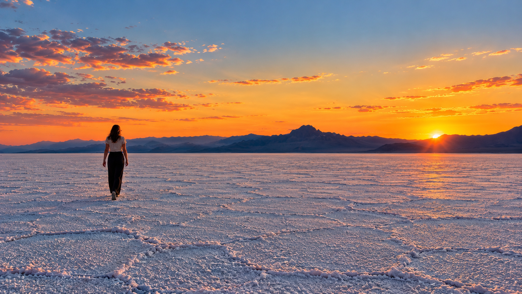A woman walking across a vast salt flat during sunset, with mountains in the distance and the sky filled with colorful clouds.