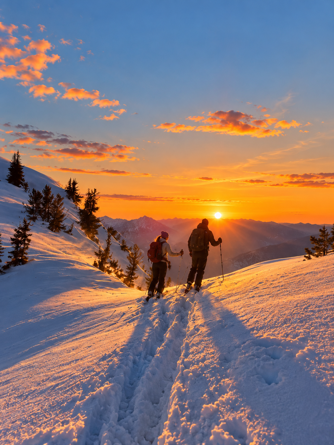 Two people hiking on a snowy mountain trail during a vibrant sunset with mountains in the background and trees on the slope.