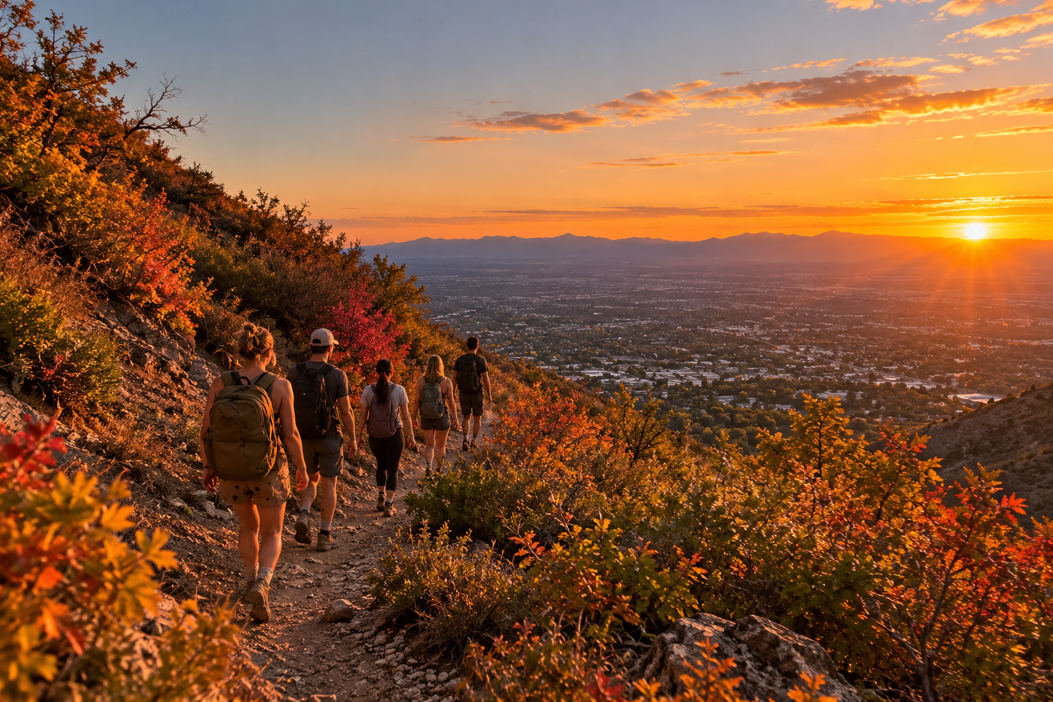 Group of people hiking on a trail during sunset in a mountainous area with autumn foliage.