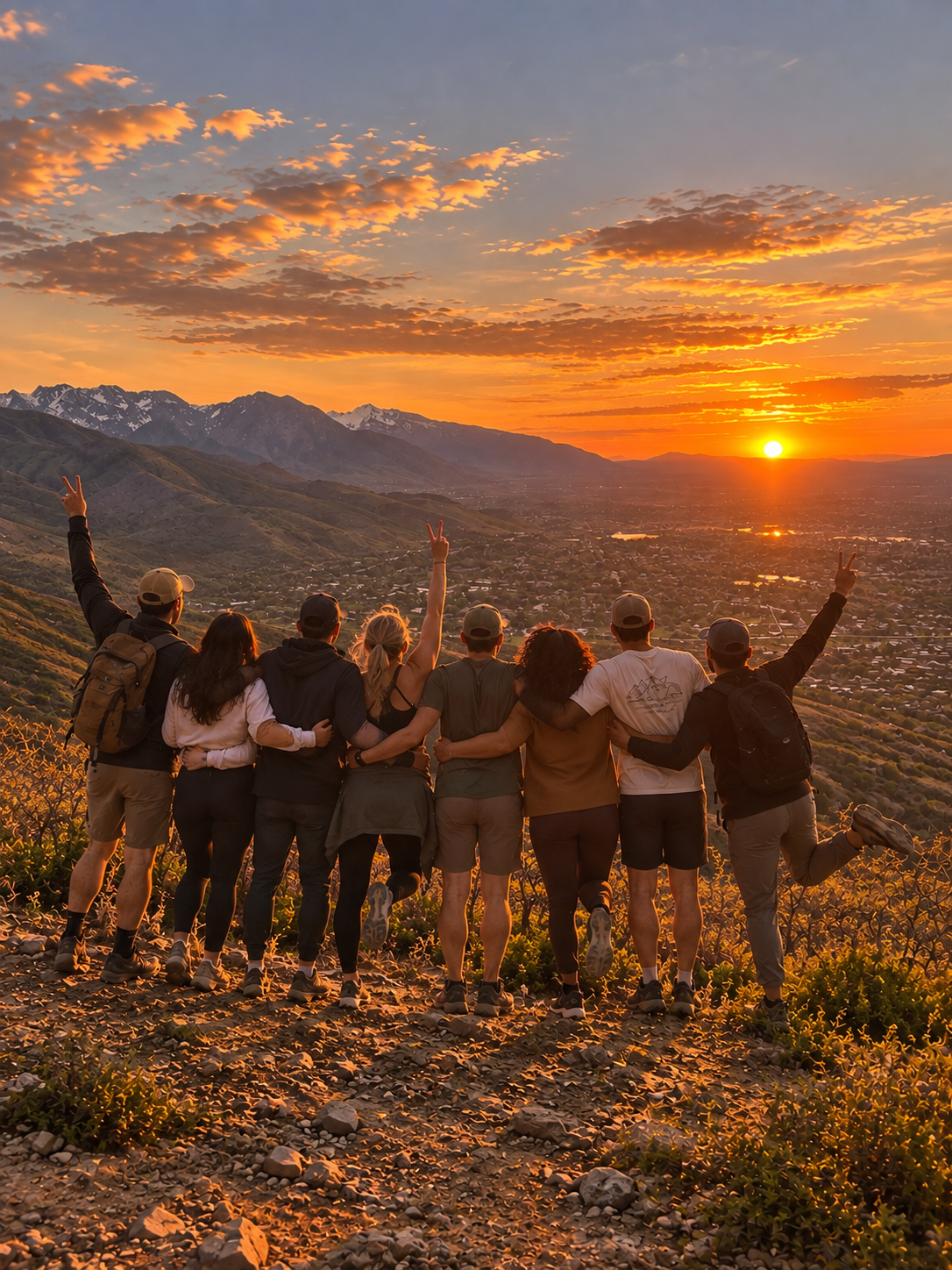 Group of friends watching sunset over mountainous landscape with arms around each other, making peace signs.
