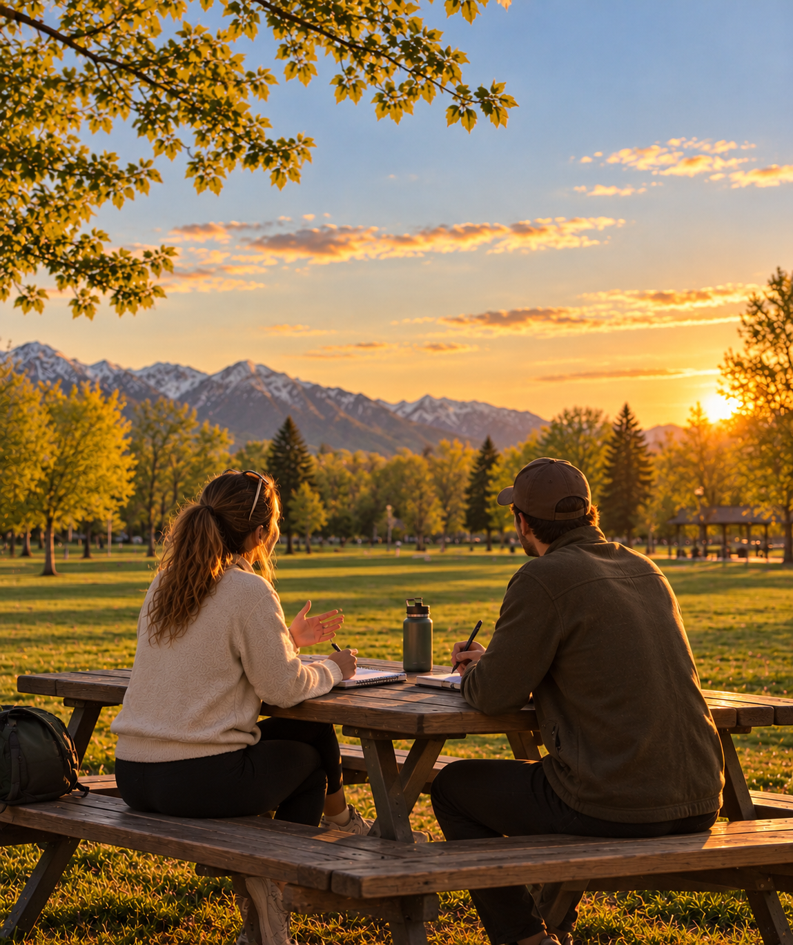 Two people sitting at a picnic table in a park at sunset, with mountains and trees in the background.