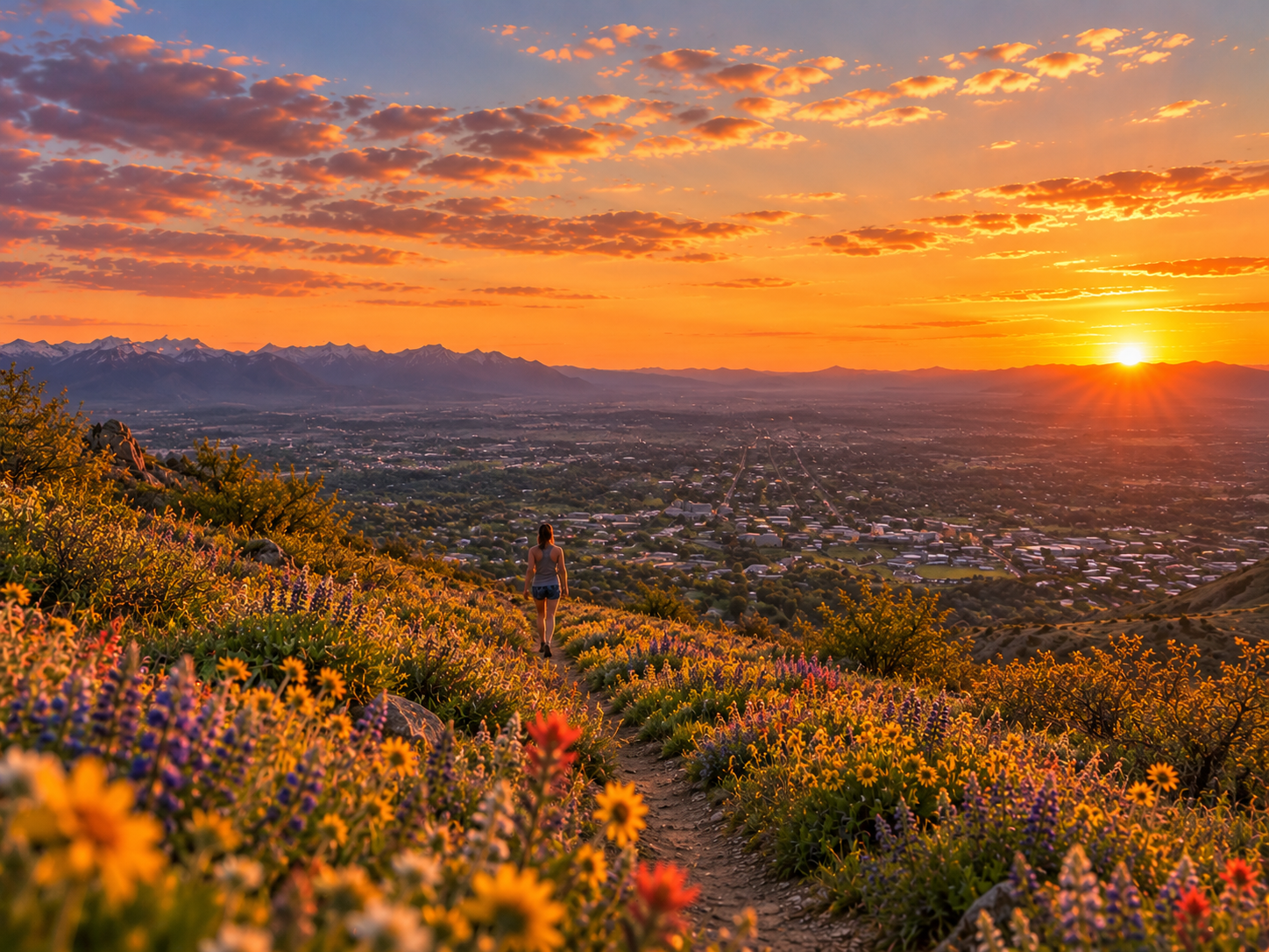 A person hiking on a trail through a hillside covered with vibrant yellow, purple, and pink wildflowers during a colorful sunset, with mountains in the background and a city below.