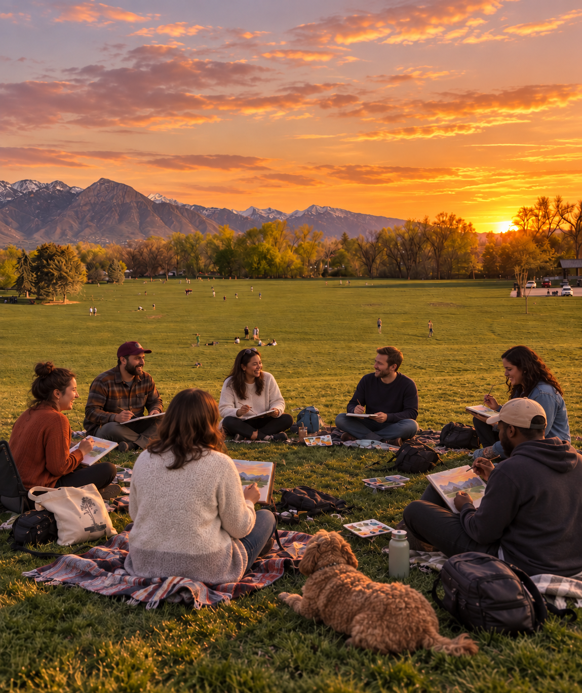 Group of people sitting on the grass in a park during sunset, painting and enjoying the outdoors, with mountains and trees in the background.