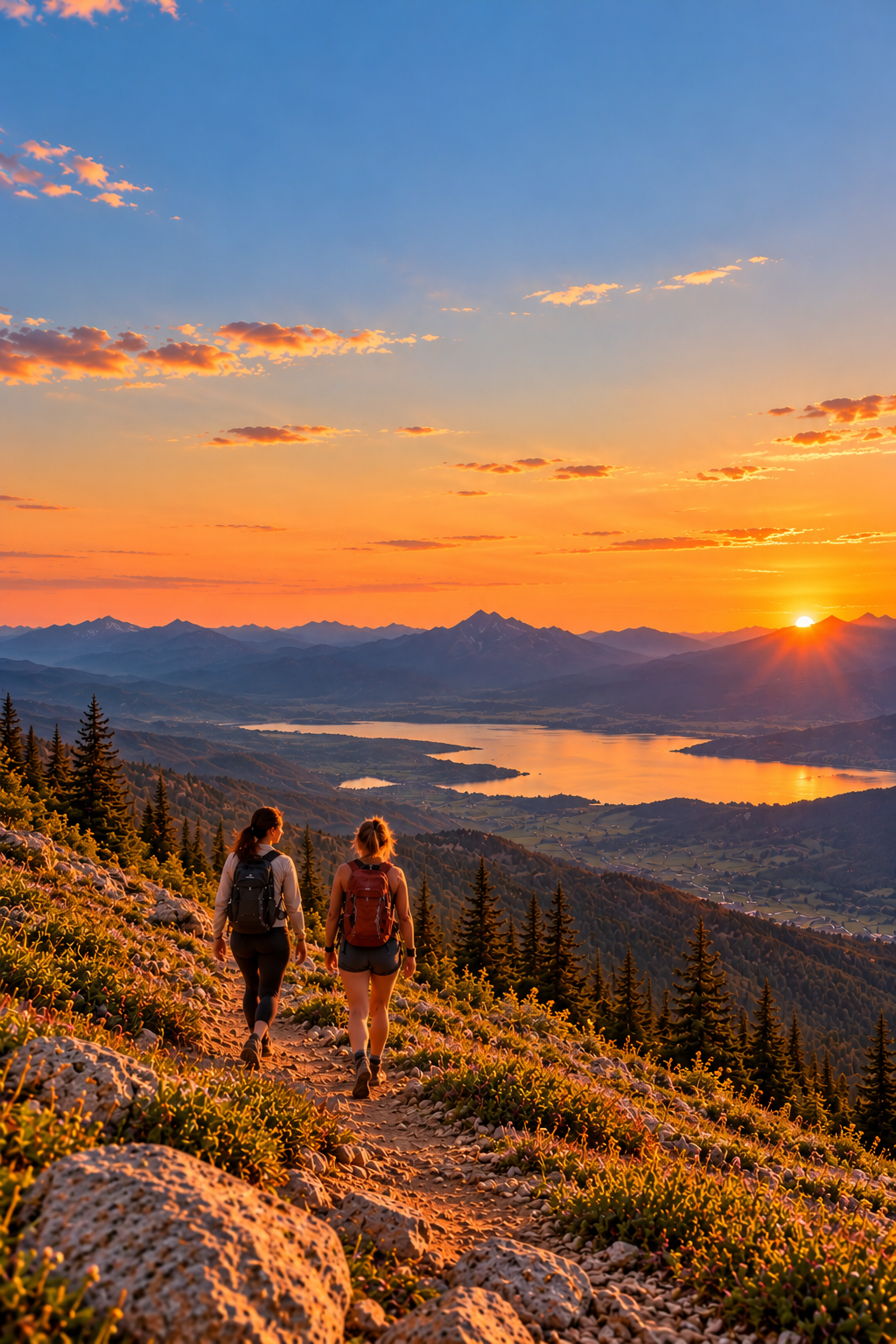 Two hikers walk along a mountain trail during a sunset with a view of a lake, mountains, and a partly cloudy sky.