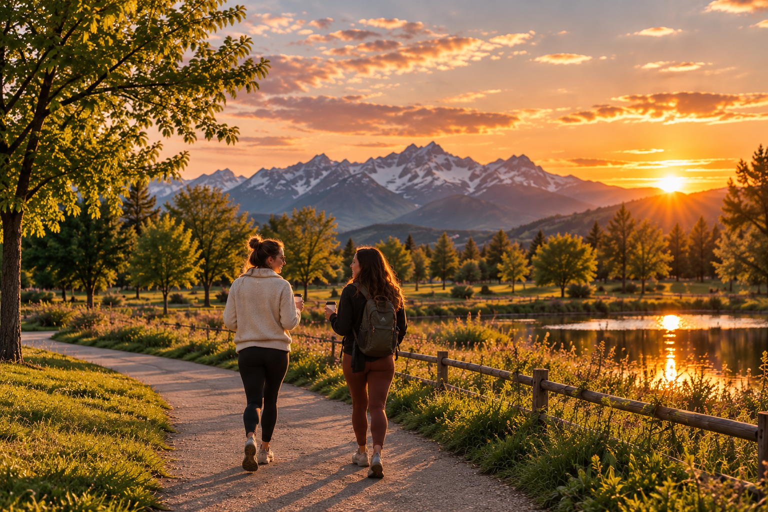 Two women walking on a trail beside a lake at sunset with mountains in the background.