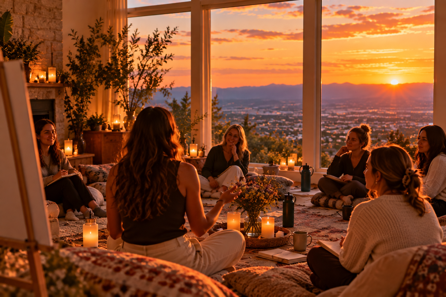 A group of women having a discussion in a cozy room during sunset, sitting on cushions around a low table with candles, flowers, and books, overlooking a city landscape through large windows.
