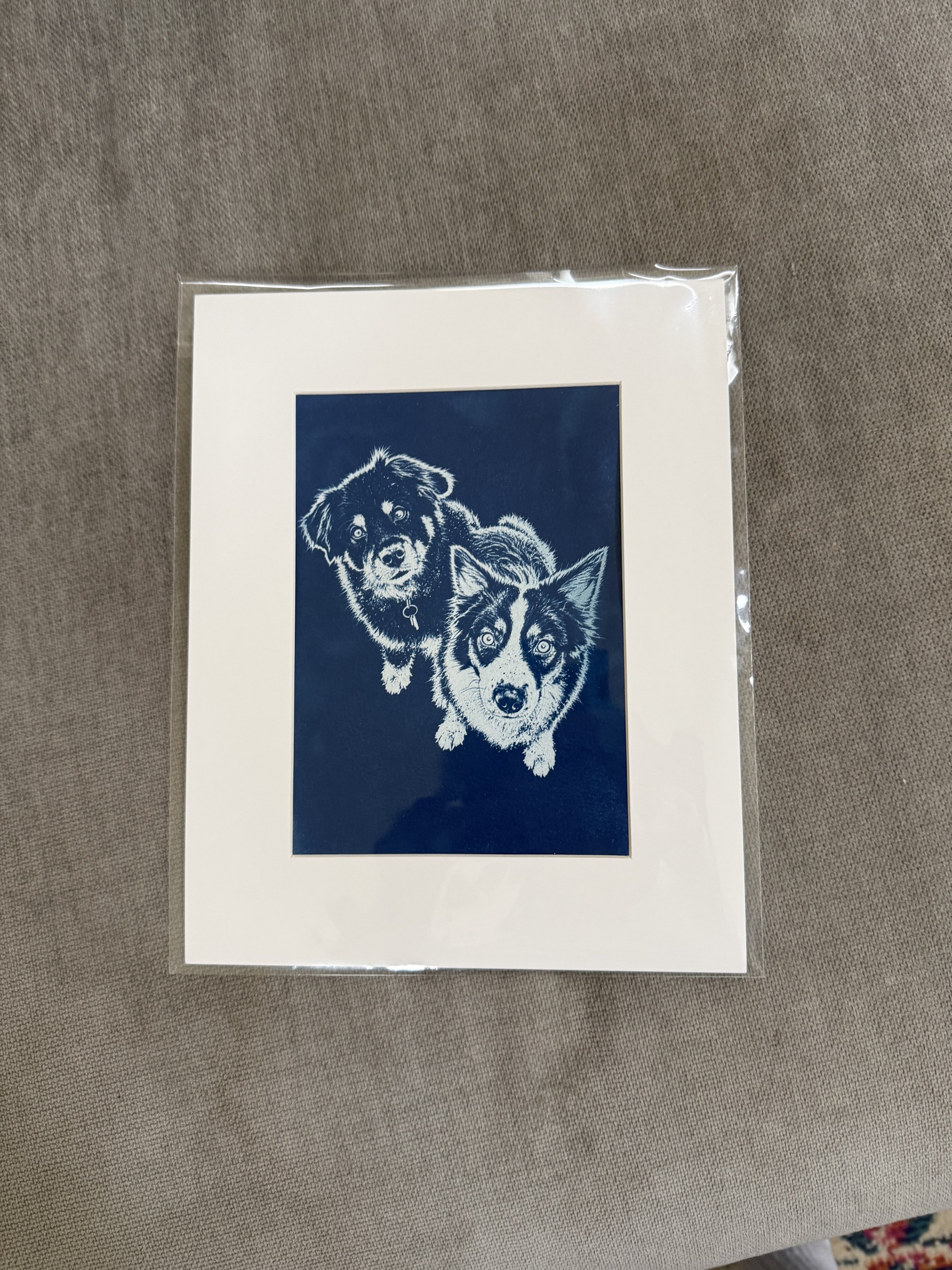 Framed artwork of a dog and a wolf, both in a monochromatic style, displayed on a plain surface.