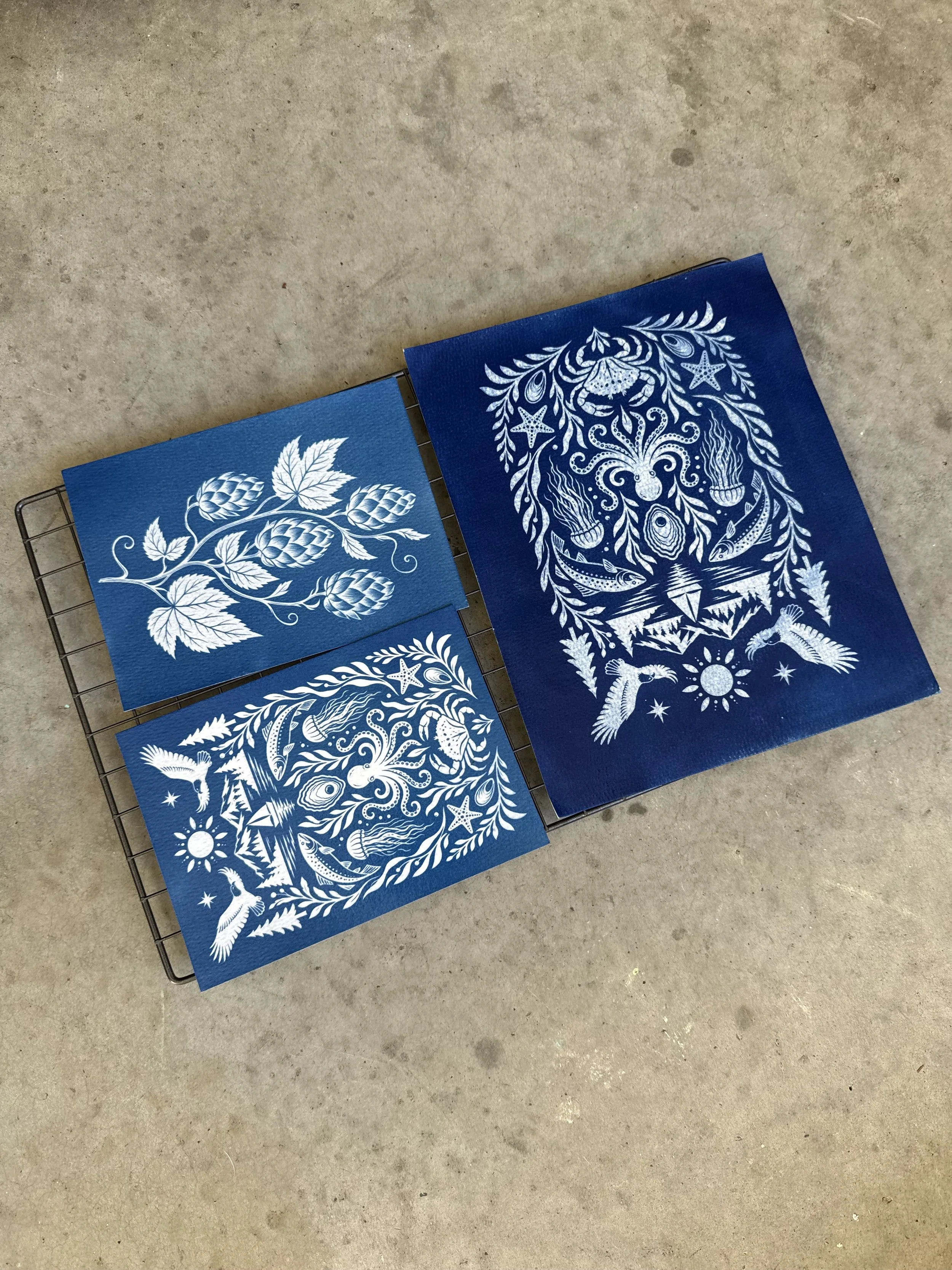 Blue paper cards with intricate white nature-themed designs, including leaves, flowers, fish, a starfish, and a squid, placed on a wire rack on a concrete floor.