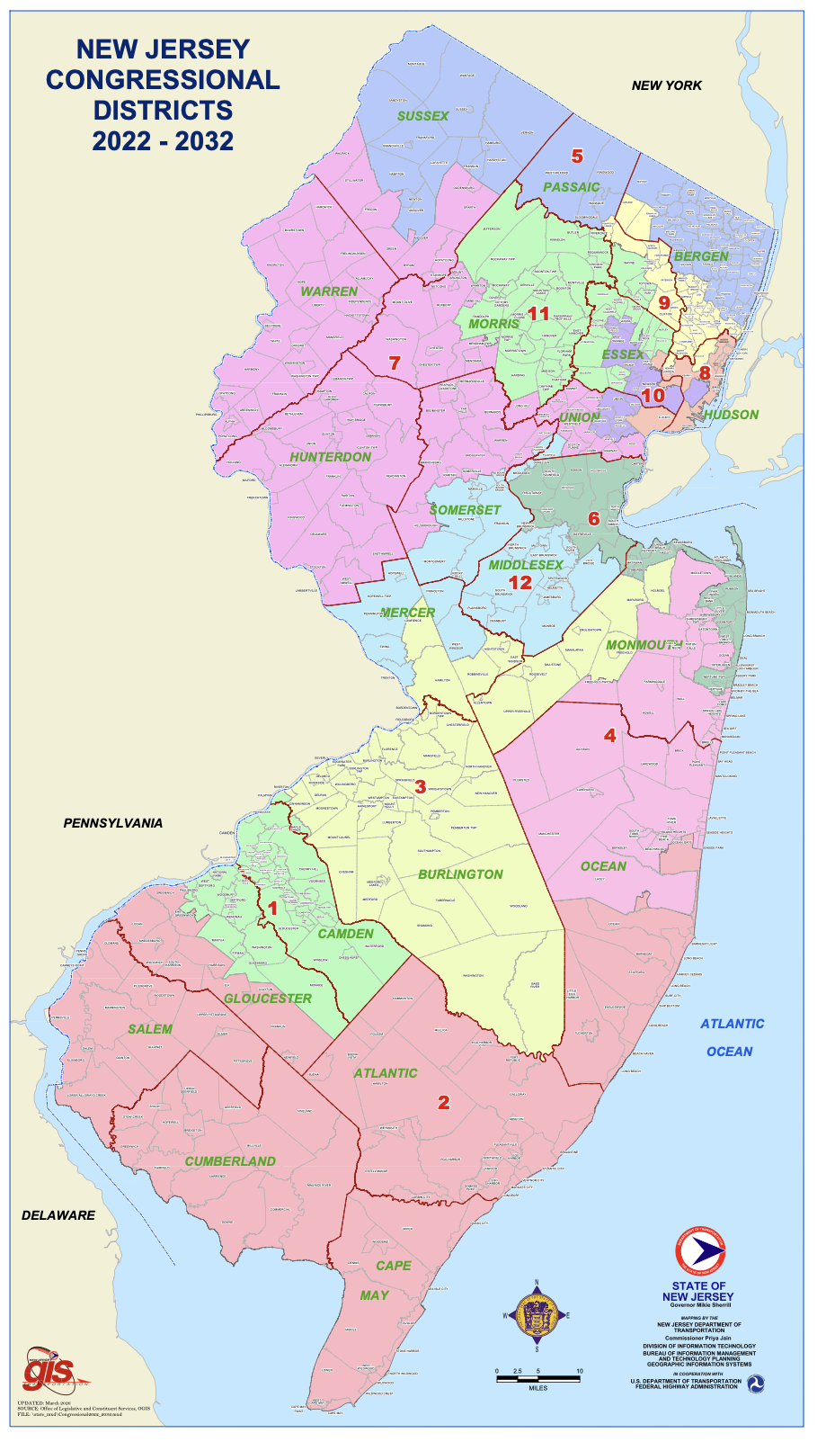 Map of New Jersey congressional districts for 2022-2032, showing district boundaries, numbering, and highlighted regions, with surrounding states and Atlantic Ocean.