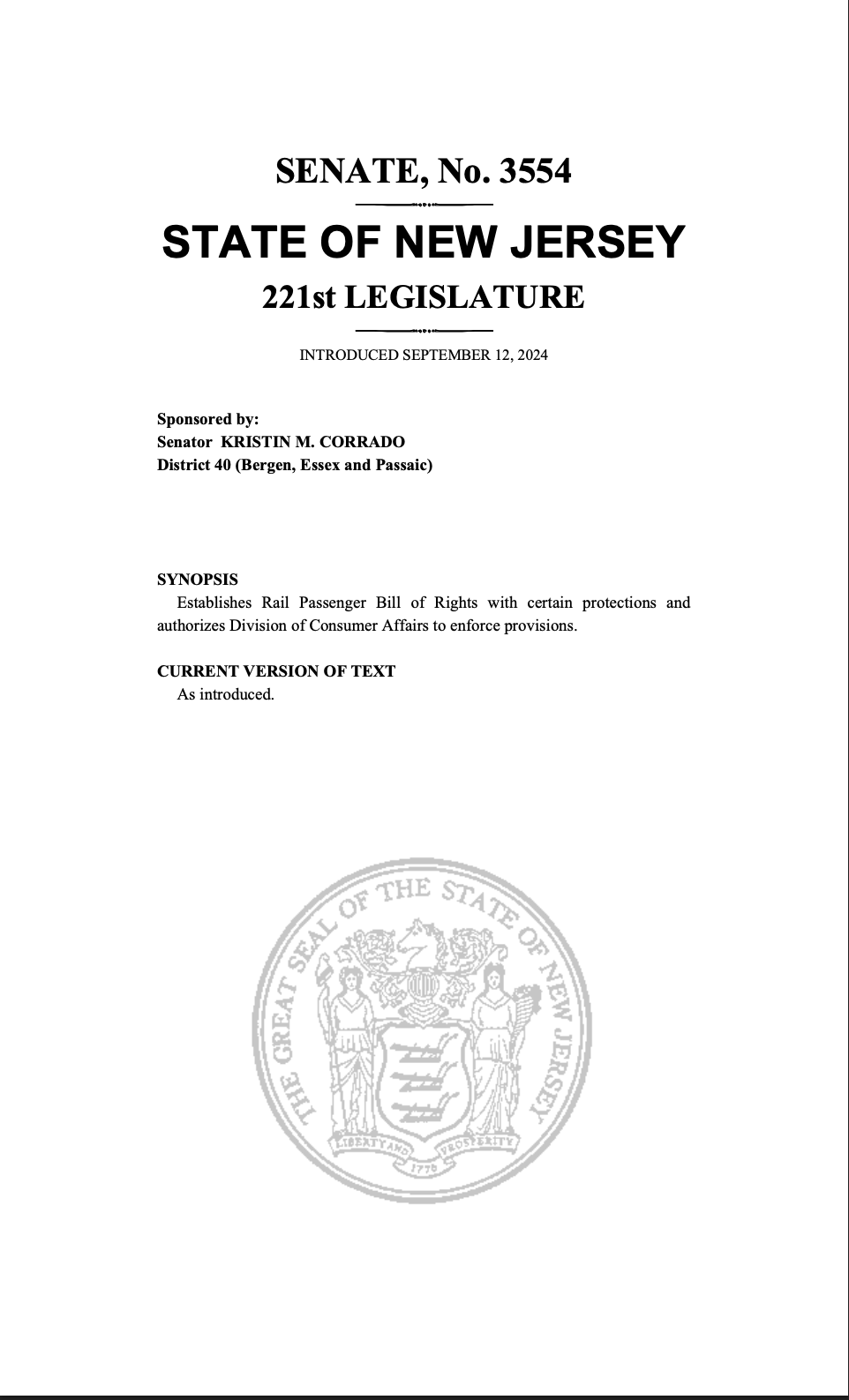 Official document titled 'Senate, No. 3554' from the State of New Jersey, 221st Legislature, introduced on September 12, 2024, sponsored by Senator Kristin M. Corrado, outlining a Rail Passenger Bill of Rights with protections and enforcement provisions, with the seal of the State of New Jersey at the bottom.