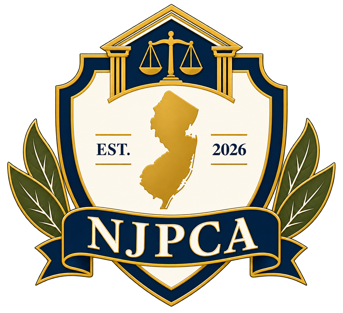 A shield emblem with a blue and gold border, featuring a statue of scales at the top, a map of New Jersey in gold in the center, the words "EST. 2026" on either side of the map, and a blue ribbon with "NJPCA" in white at the bottom, flanked by green leaves.