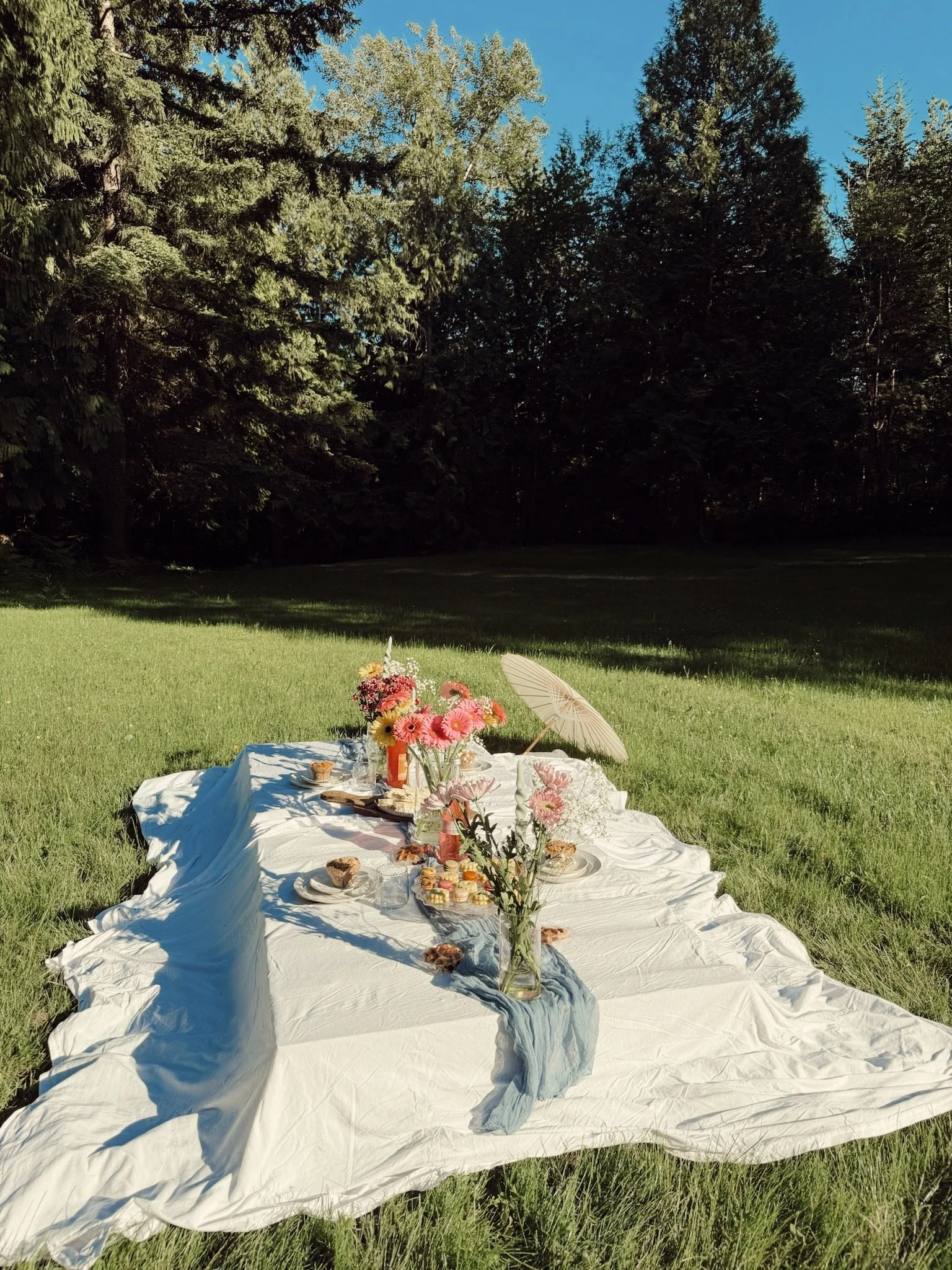 Garden picnic with flowers and refreshments from Caitlyn Deming’s branding photoshoot.