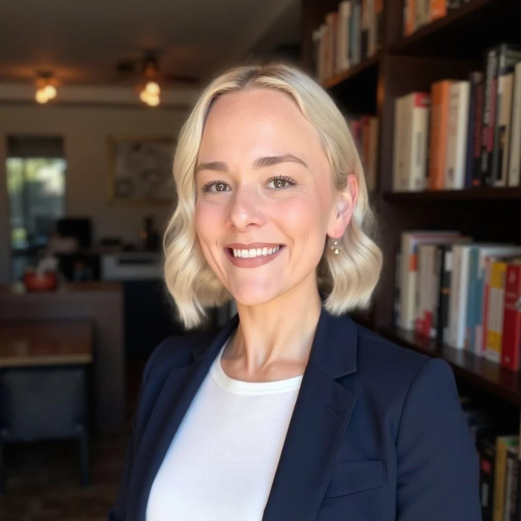 A professional woman with blonde hair styled in loose waves, smiling, wearing a navy blazer and white top, standing in a room with a large bookshelf filled with books.