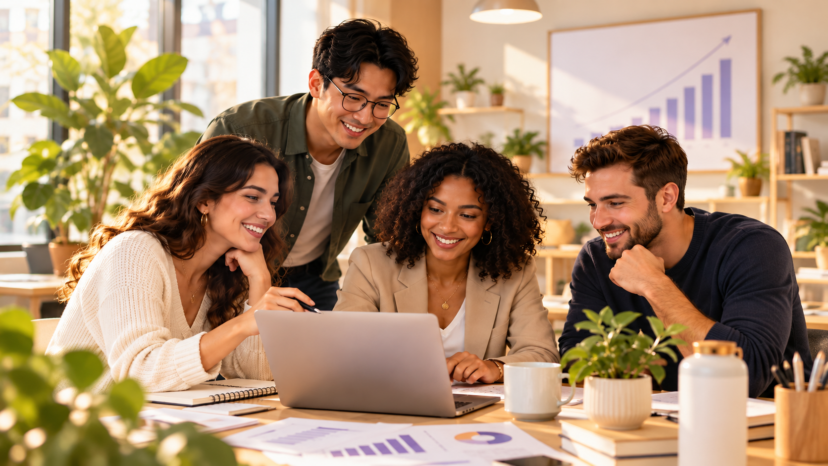 A group of five young professionals gathered around a laptop in a bright office, smiling and collaborating.