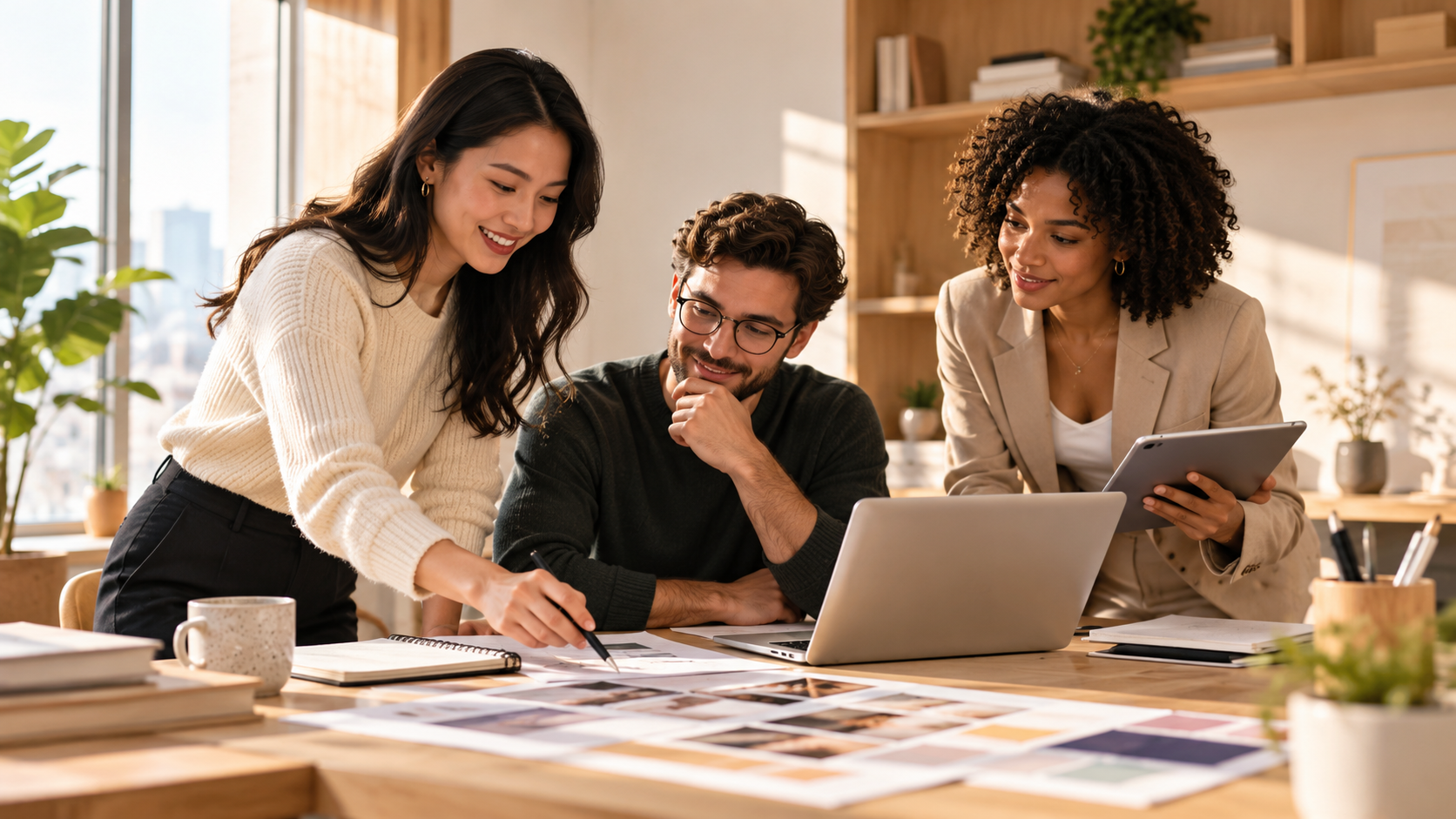 Three young professionals working around a table with a laptop, tablets, and color swatches in a bright office with natural light and plants.