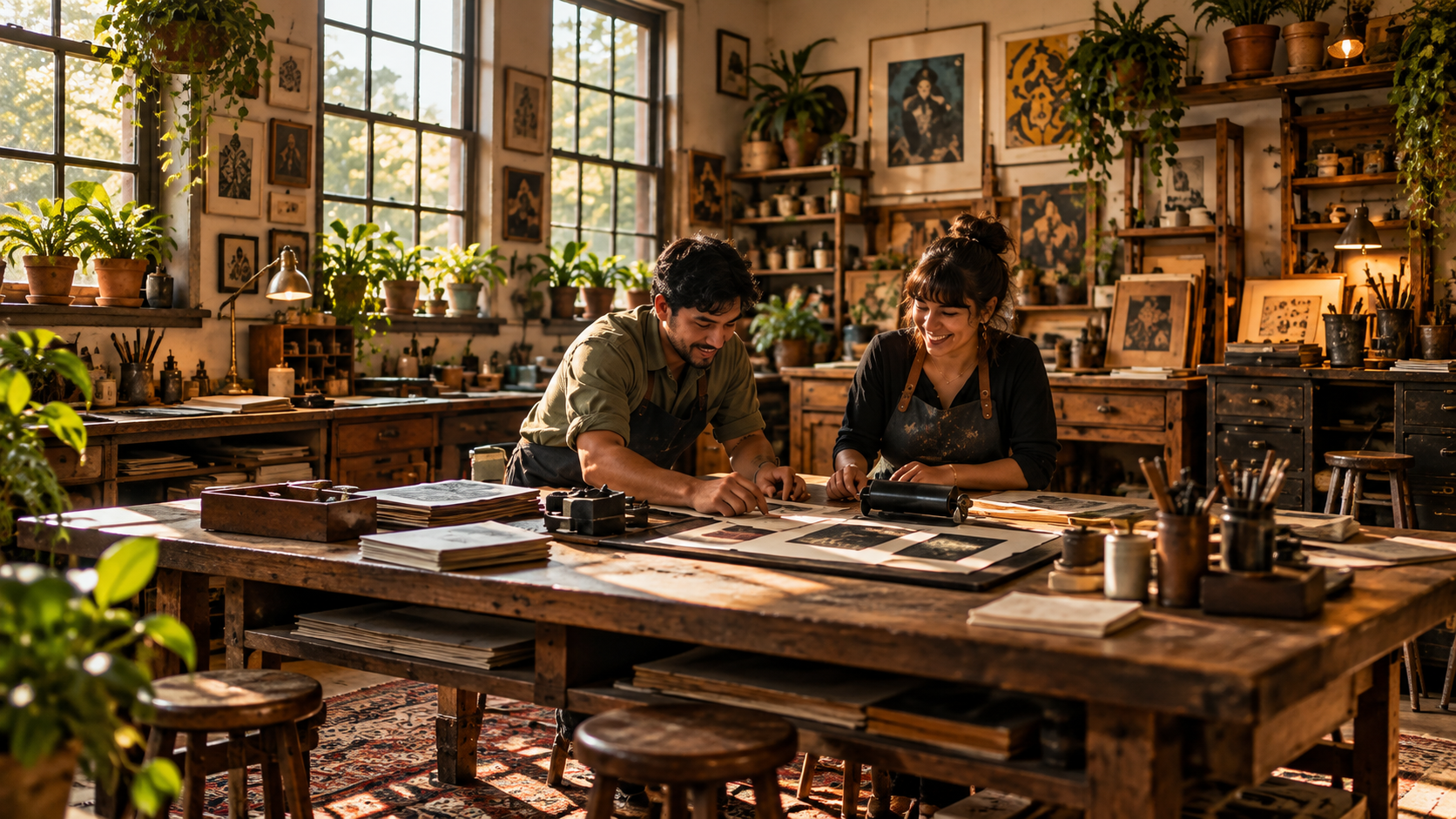 Two people, a man and a woman, are working together in an art studio filled with plants and framed artwork. They are smiling and looking at photographs or artwork laid out on a large wooden table.