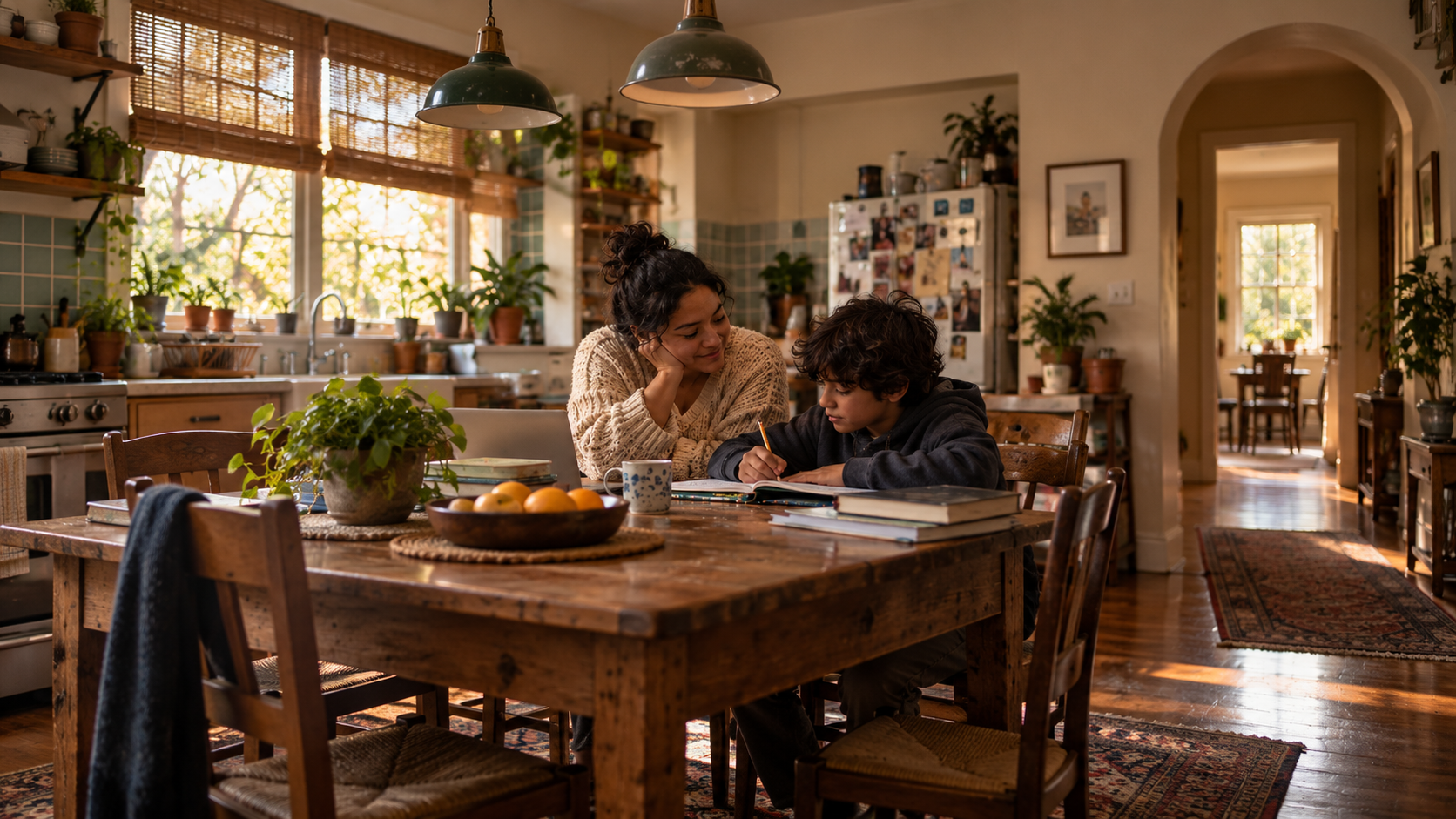 A woman and a young boy sitting at a wooden dining table in a cozy kitchen, doing homework together, with sunlight coming in through the windows.