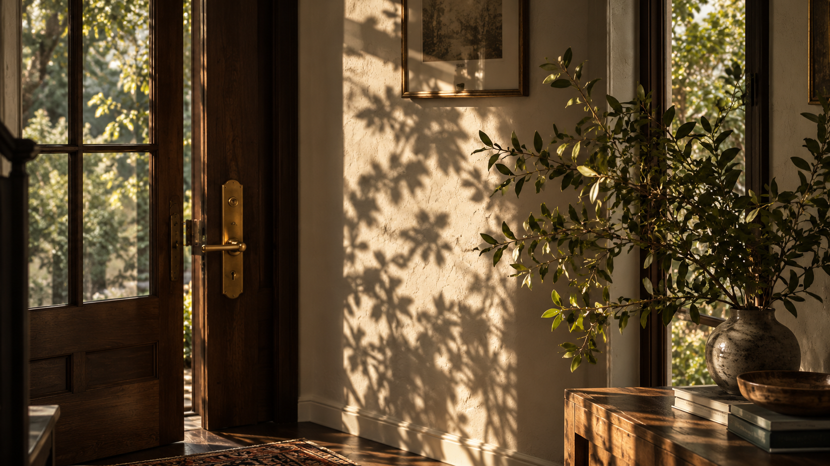 Sunlight casts shadows of leaves inside a cozy home with a wooden door, a framed picture on the wall, a large plant in a ceramic vase, and a wooden table with books and a bowl.