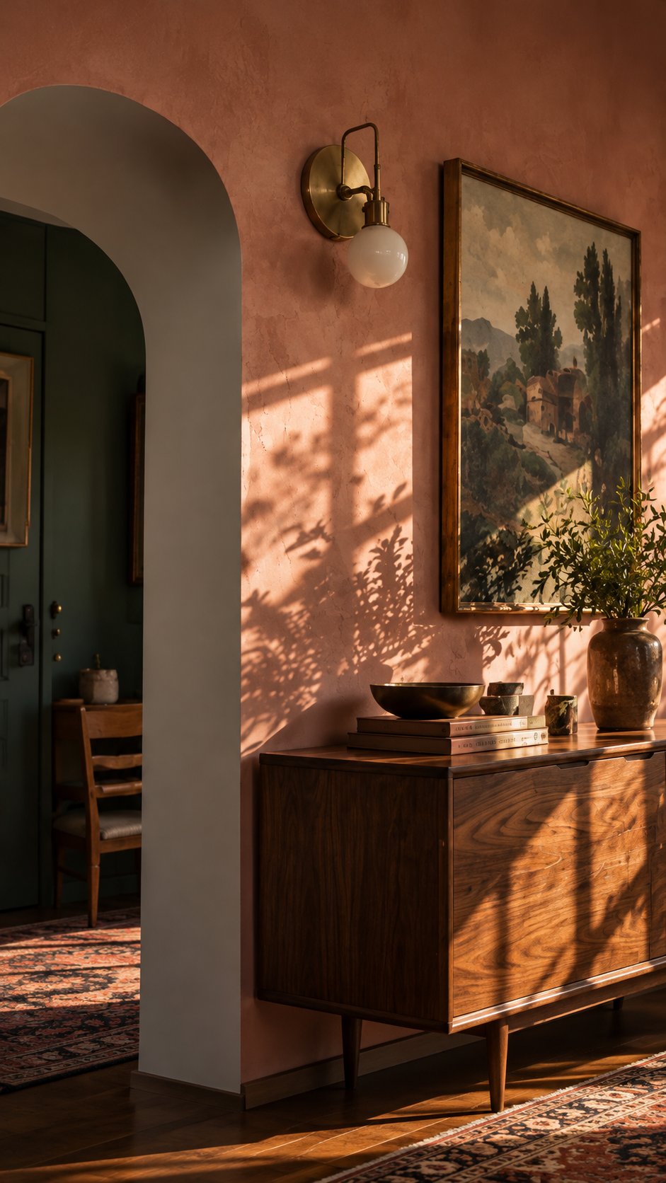 Interior of a room with a pink textured wall, a wooden sideboard with books, bowls, and a vase with greenery, and a framed landscape painting. Sunlight casts shadows on the wall.