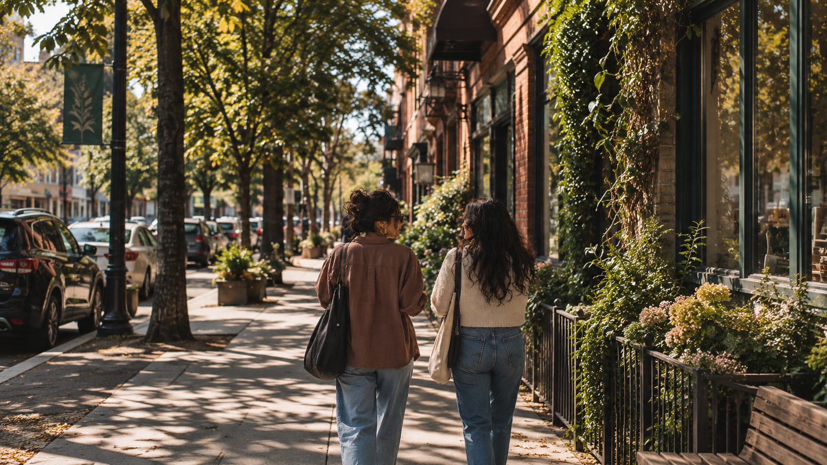 Two women walking along a sunny city sidewalk, surrounded by trees, parked cars, and brick buildings with green plants in window boxes.
