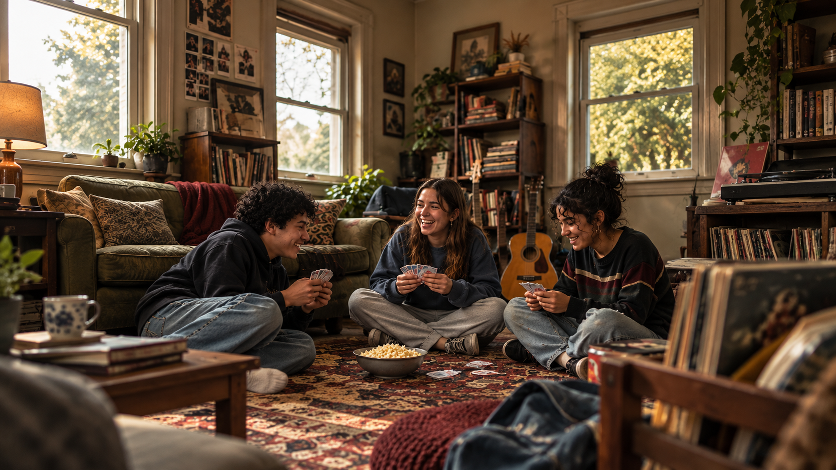 Three young women sitting on the floor of a cozy living room, playing cards and laughing, surrounded by books, a guitar, and warm sunlight.