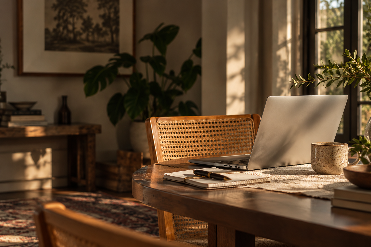 A cozy home office with sunlight streaming through windows, a wooden table with a laptop, notebooks, and a pen, surrounded by indoor plants and artwork.