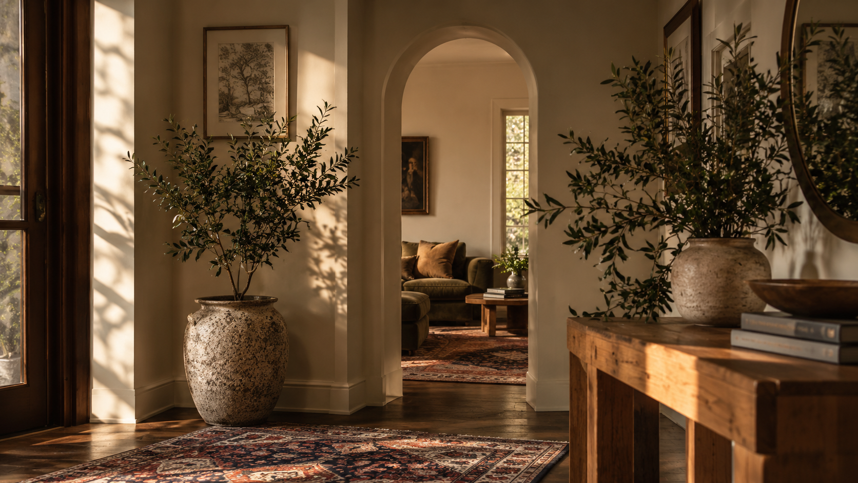 Sunlight casts shadows on a beige wall in a cozy home interior, featuring large potted trees, framed artwork, wooden furniture, and a patterned rug.