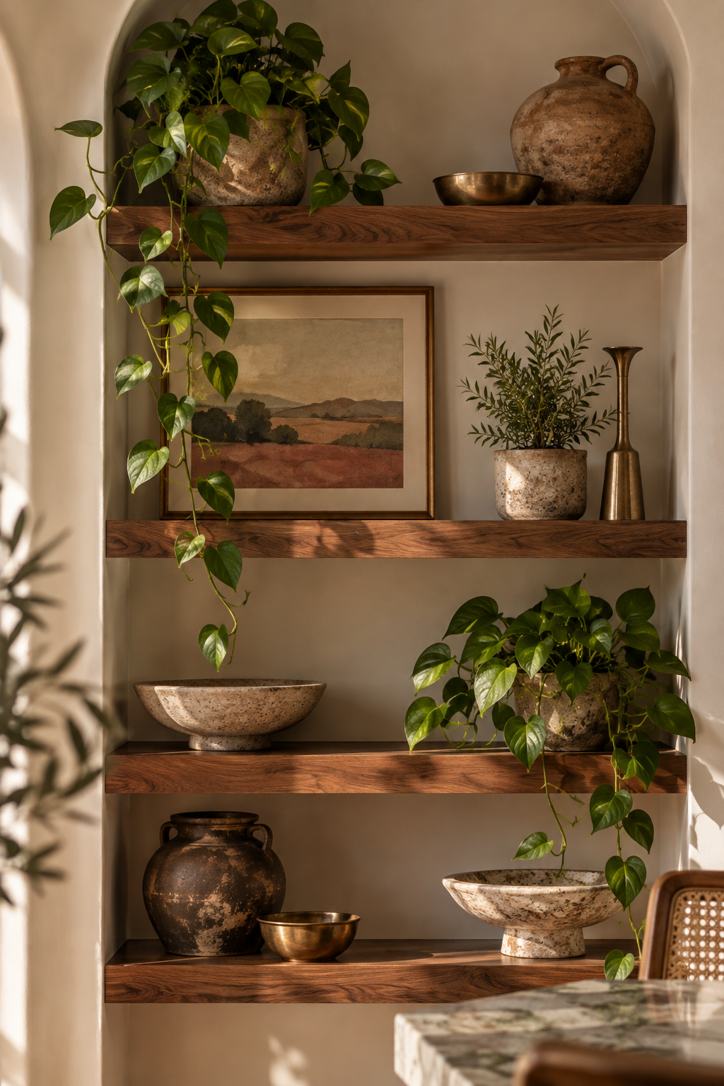 Wooden shelves with potted plants, decorative bowls, a framed landscape painting, and pottery vessels in a cozy, well-lit nook.