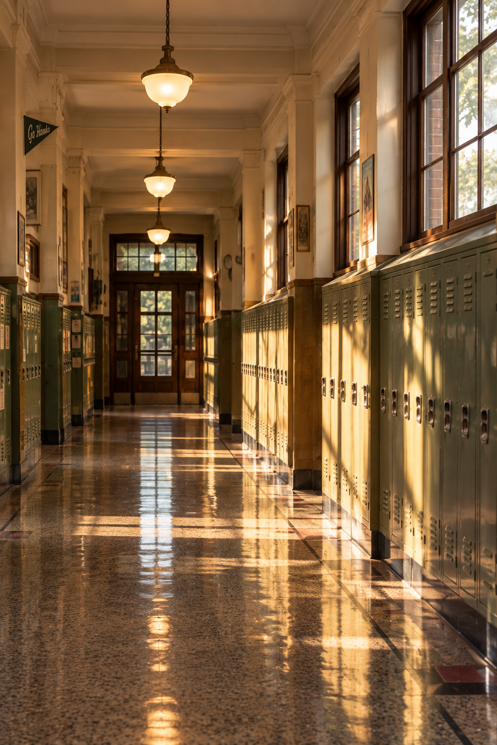 Empty school hallway with green lockers on both sides, sunlight streaming through large windows and ceiling lights, wooden floor reflecting the light, with a wooden door at the end.