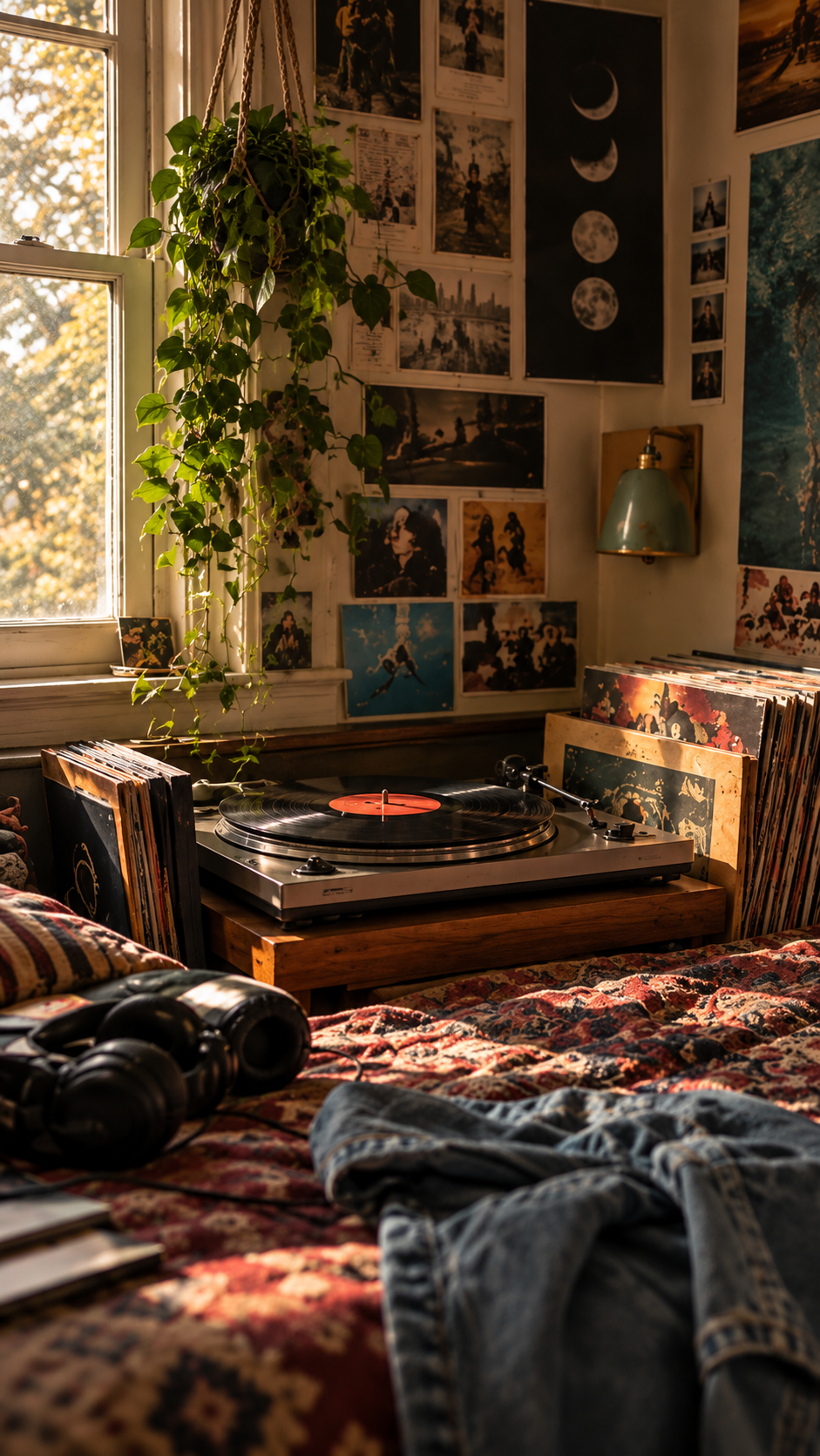 A cozy room with a turntable on a wooden table, surrounded by vinyl records, a pair of black headphones, and denim jeans on a patterned blanket. The room has a window with sunlight, a hanging plant, and wall art including moon phases, photographs, and posters.