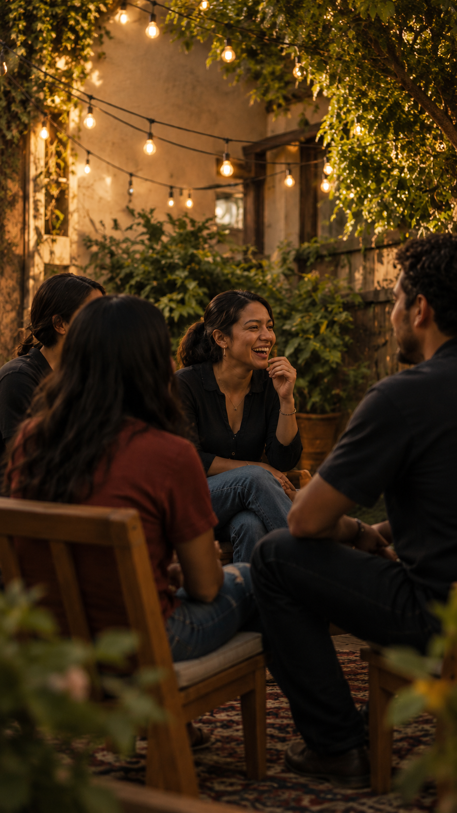 A group of friends sitting together outdoors at night, smiling and engaging in conversation, illuminated by string lights overhead, with greenery and a rustic building in the background.