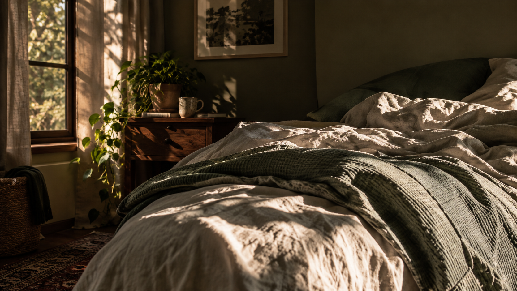 Sunlight filters into a cozy bedroom, illuminating unmade beds with rumpled white and dark green bedding, a wooden side table with a plant, a mug, and books, and a window with curtains and trees outside.