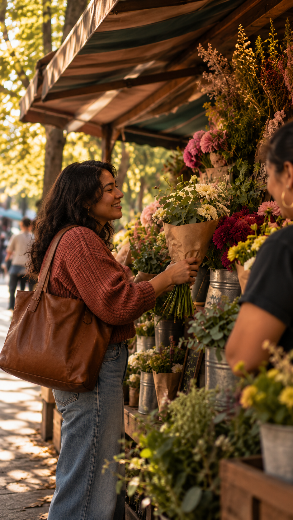 A woman in a rust-colored sweater and jeans shopping for flowers at an outdoor market, holding a bouquet of white and yellow flowers, with a brown handbag over her shoulder, smiles shopping for flowers.