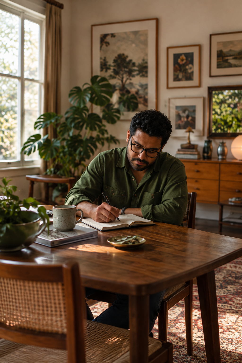 A man with glasses and a beard, wearing a green shirt, sitting at a wooden table in a well-lit room, writing in a notebook with a mug and some books nearby, surrounded by plants and framed pictures on the wall.
