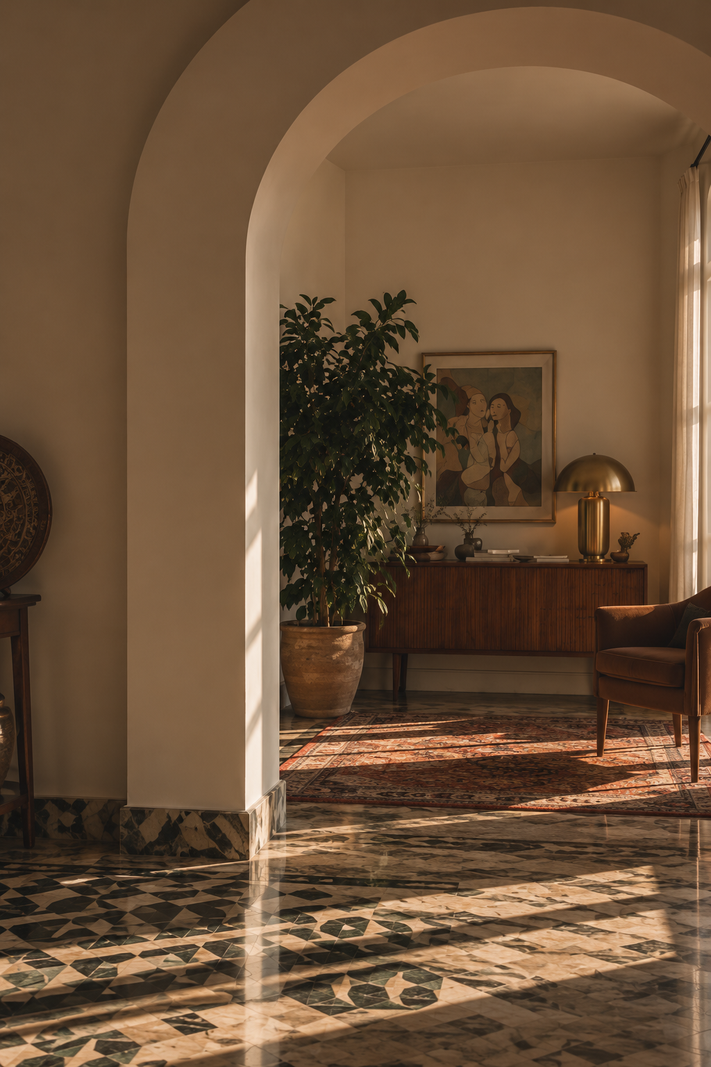 A cozy living room with sunlight streaming through a window, a large potted plant, a wooden sideboard with decorative items, a framed artwork, a modern gold lamp, and an armchair on a patterned rug.