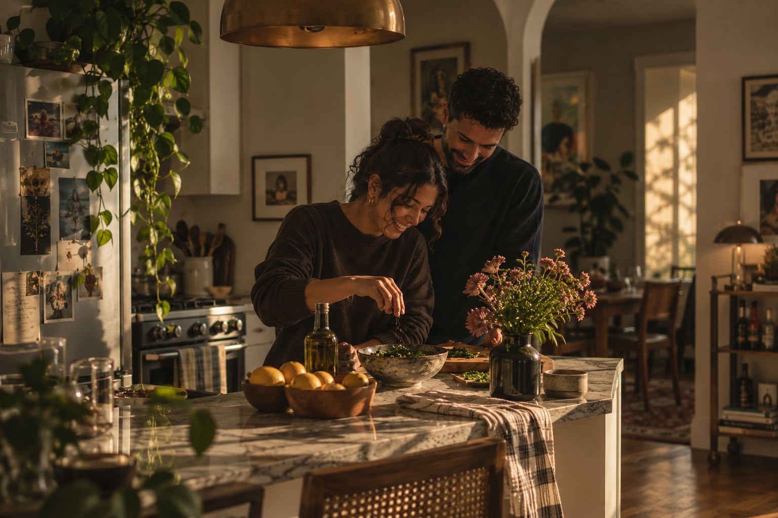 A man and woman cooking and laughing together in a warmly lit kitchen with flowers on the counter.