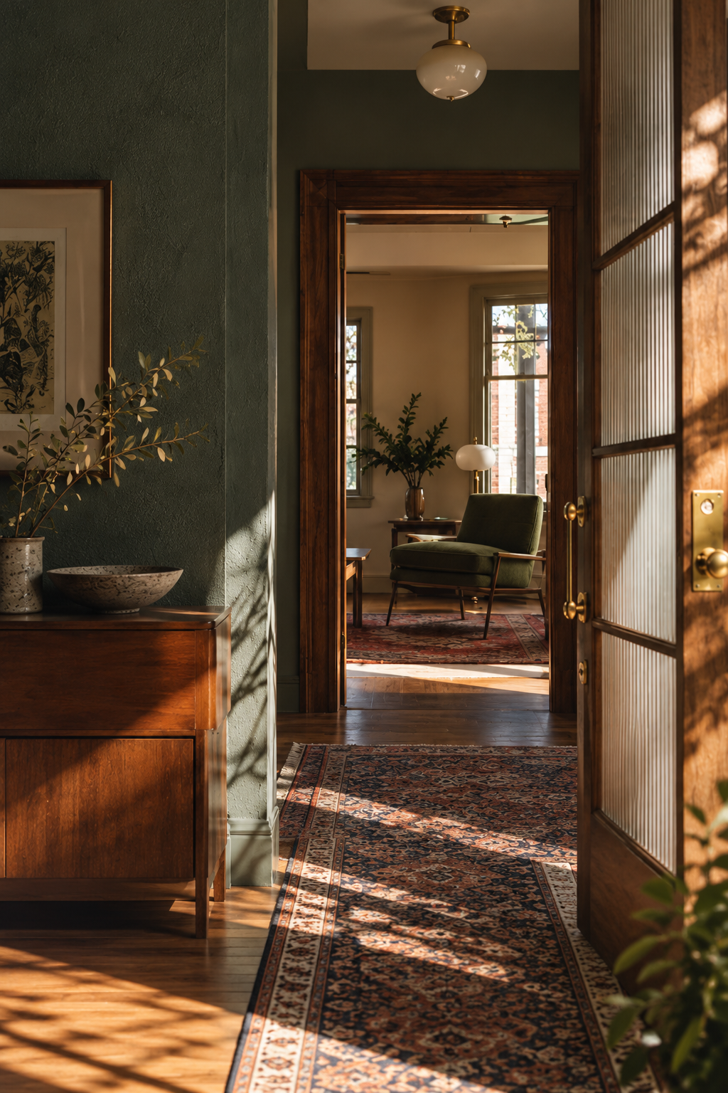 Sunlight casts shadows onto a wooden hallway with a patterned runner rug, leading to a cozy sitting area with a green armchair, large windows, and potted plants.