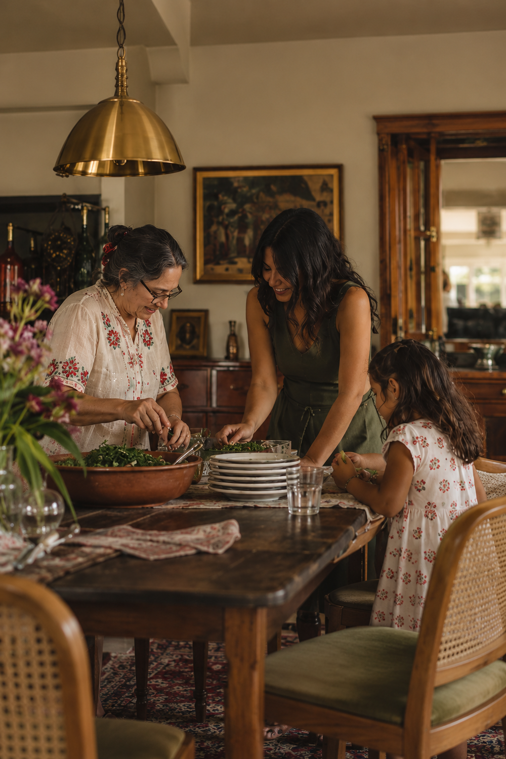 Three generations of women, a grandmother, mother, and daughter, preparing food together in a cozy, warmly lit dining room.