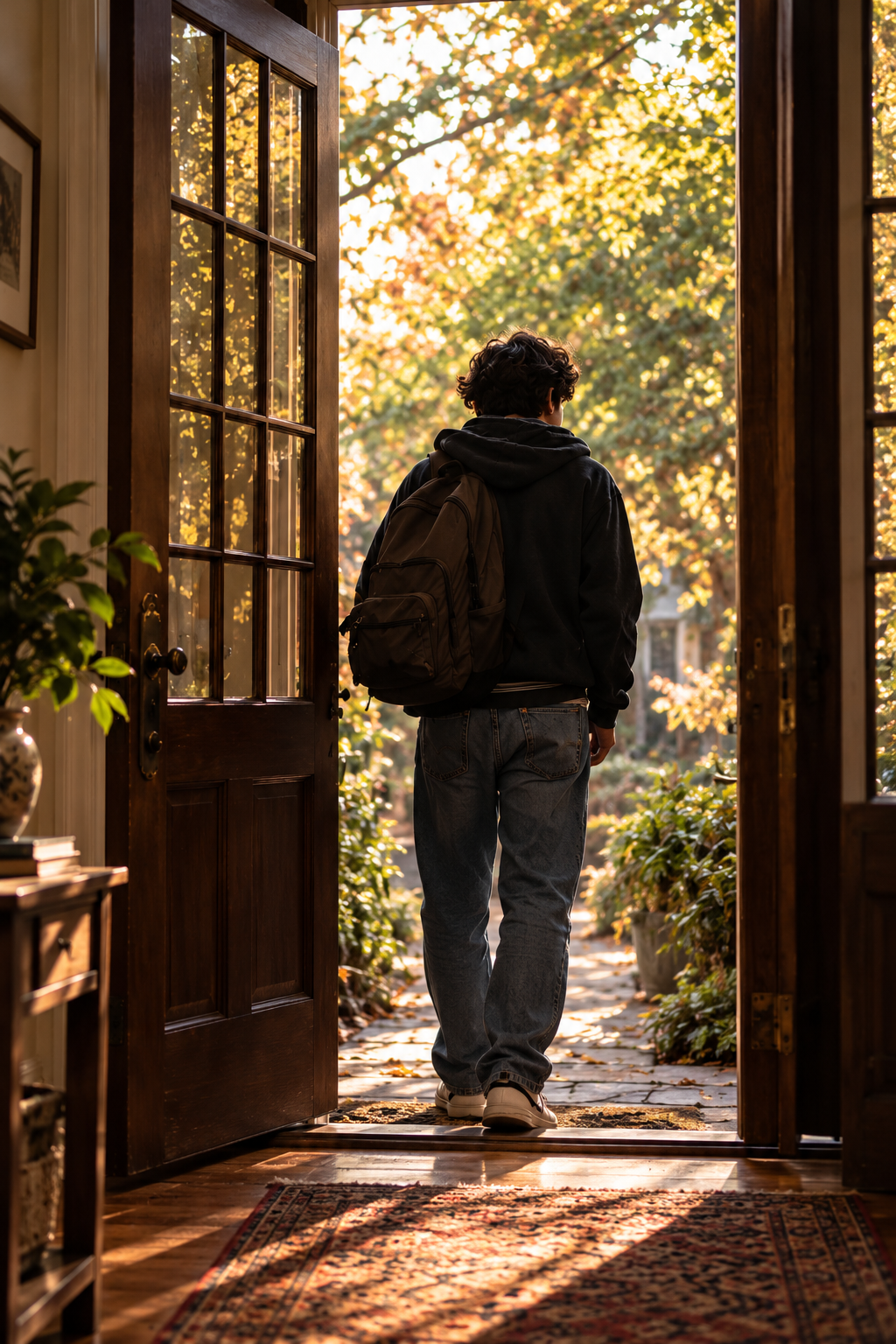 A person with a backpack standing in an open doorway, looking outside at trees with autumn-colored leaves.
